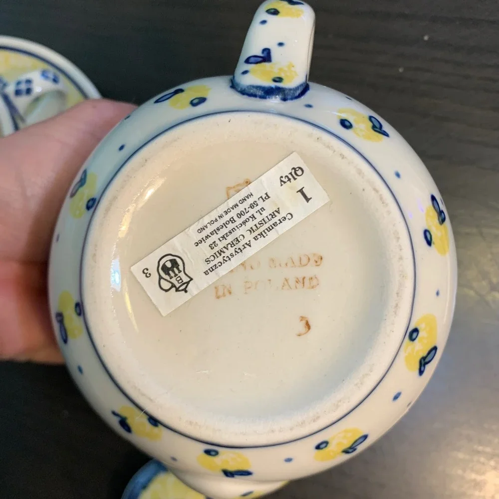 Ceramika Artystyczna Polish Pottery Tea Set Teapot Cup Saucer Yellow Blue READ
